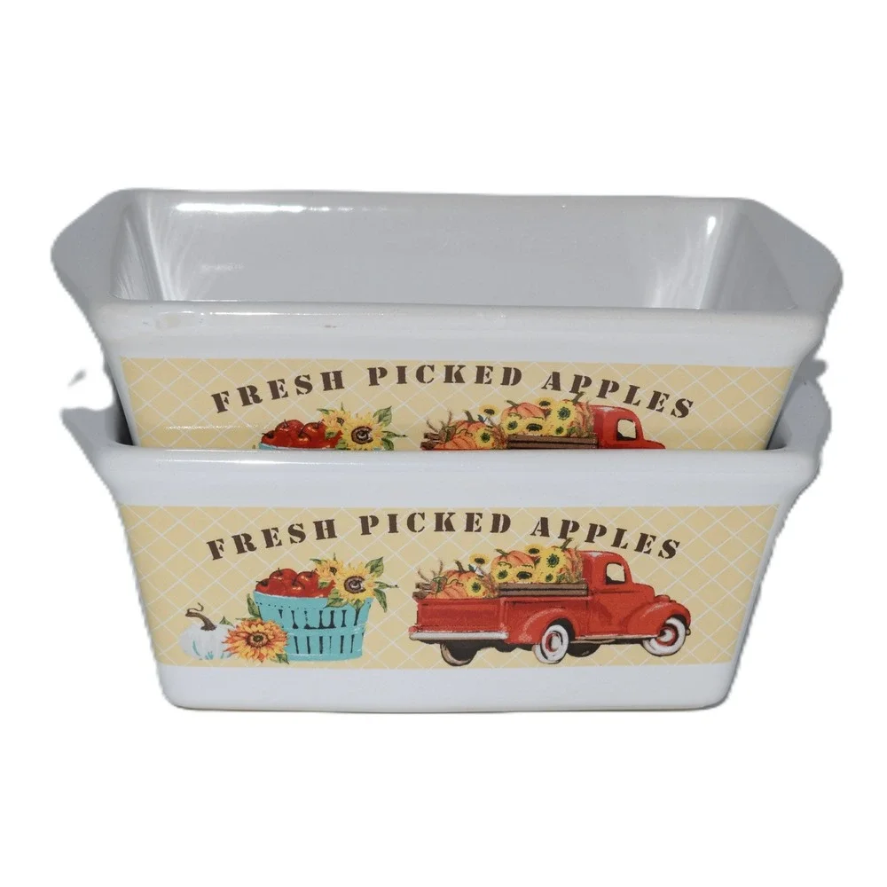 Royal Norfolk Mini Loaf Pans Set of 2 White Fresh Picked Apples Red Truck Good